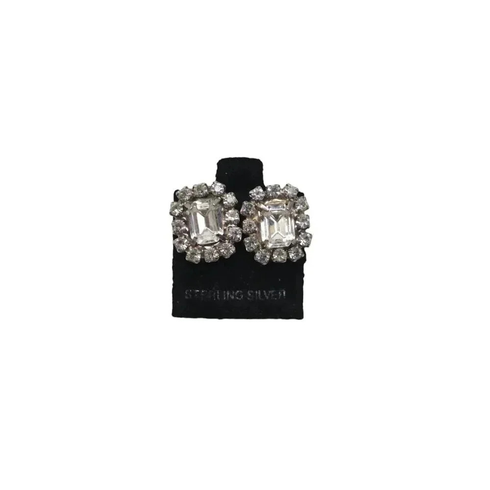 Clear Crystal Rhinestone Studs Earrings Silver Tone Vintage (H)